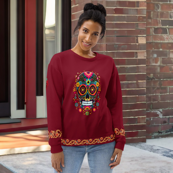Vibrant Dia de los Muertos Sweatshirt with sugar skull motif from Cosmovisions' Dia de los Muertos collection
